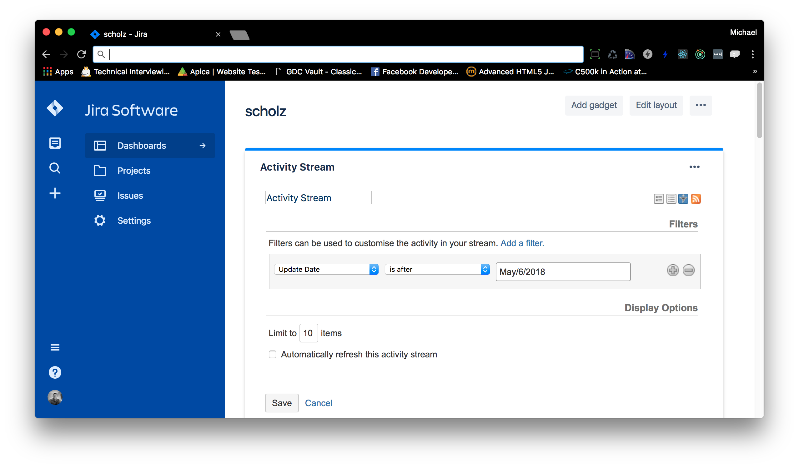 Activity stream gadget shows only changes in the C...