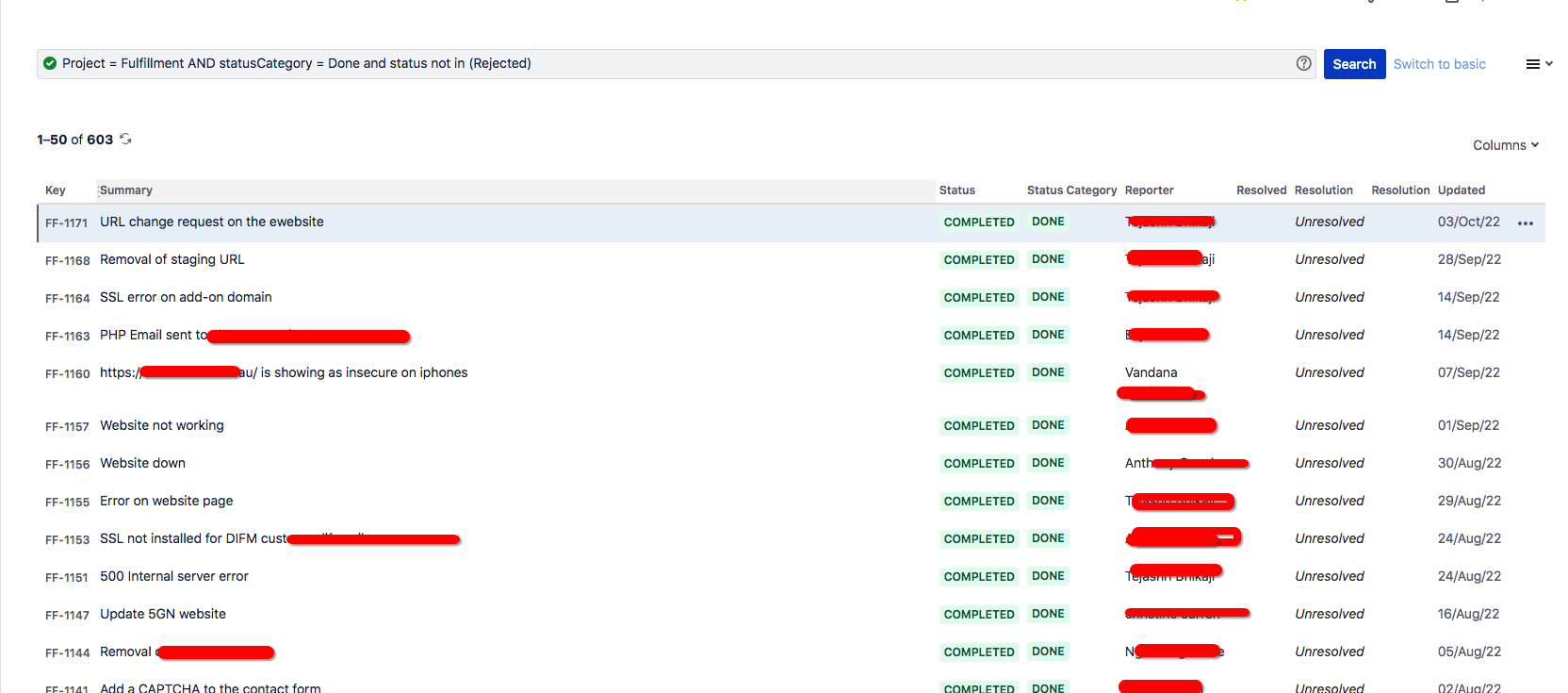 JQL question regarding STATUS CHANGED TO