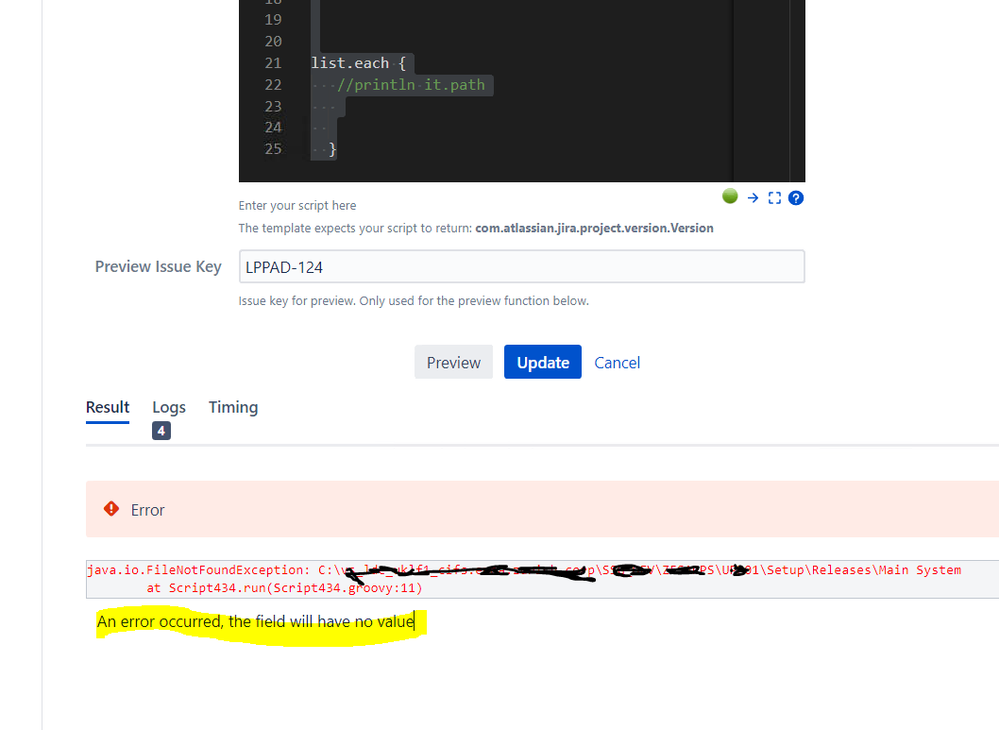 An error occured the filed will have no value - JIRA ERROR- Script runner.PNG