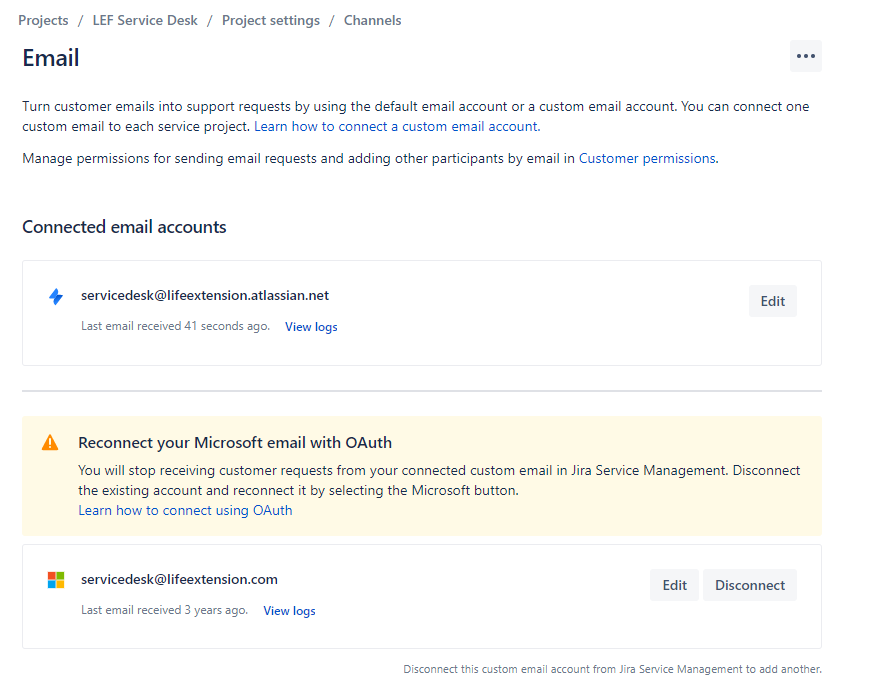 Reconnect Microsoft email in Project settings