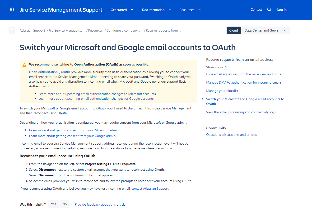 Reconnect Microsoft email in Project settings