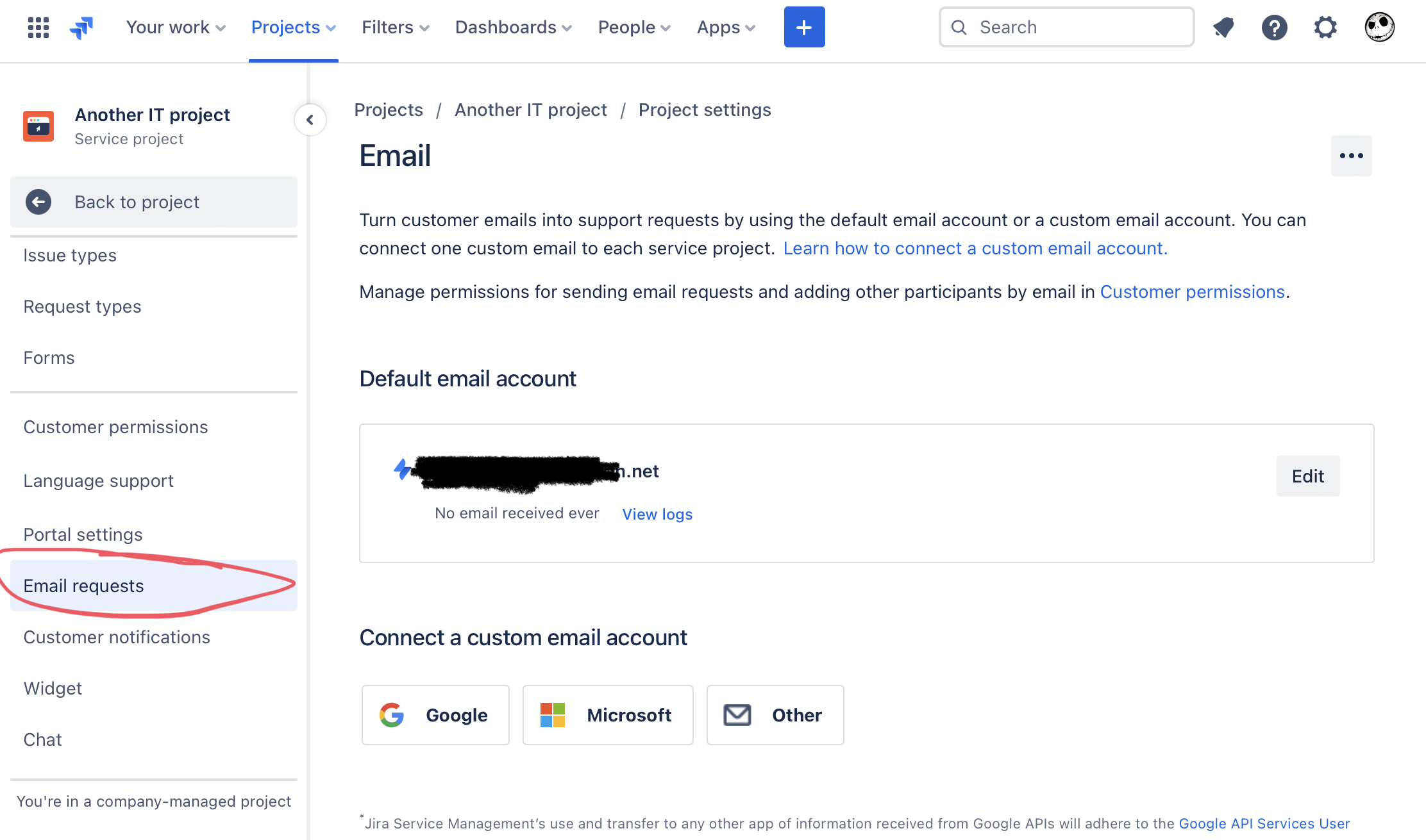 Reconnect Microsoft email in Project settings