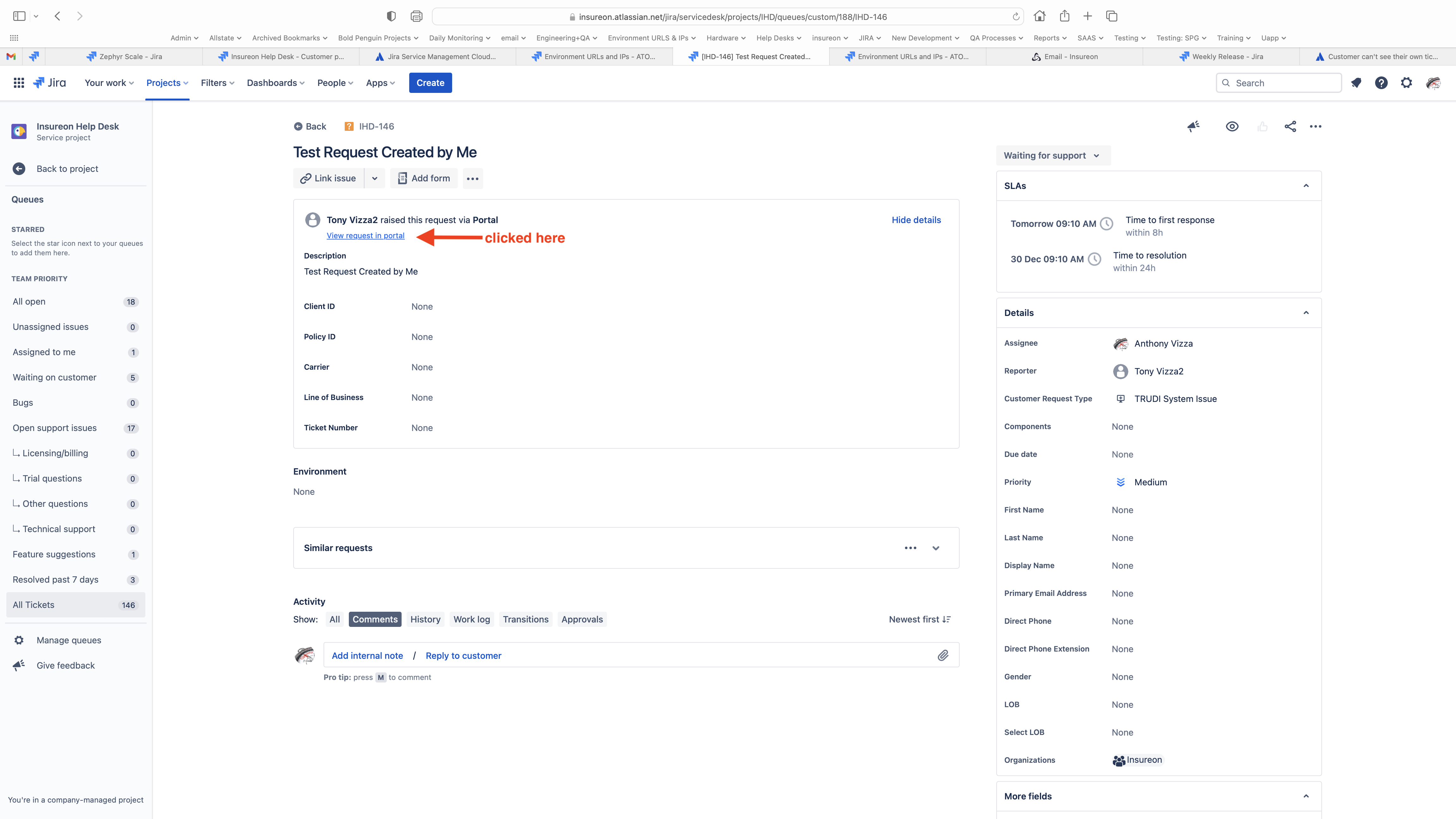 Customer can't see their own tickets in the portal
