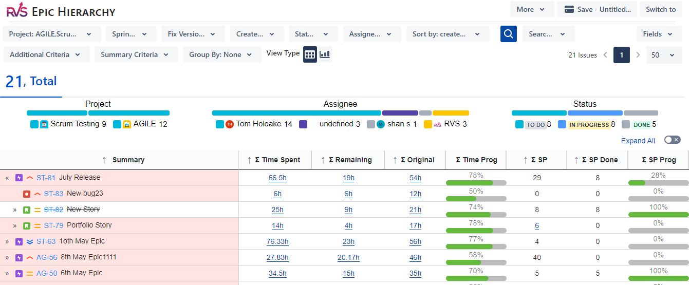Create dashboard with all the epics and progress b...
