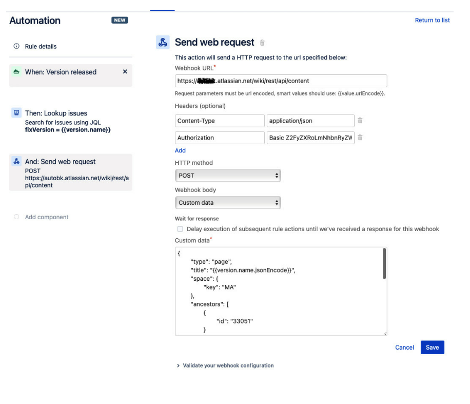 Automation that creates a page in confluence with