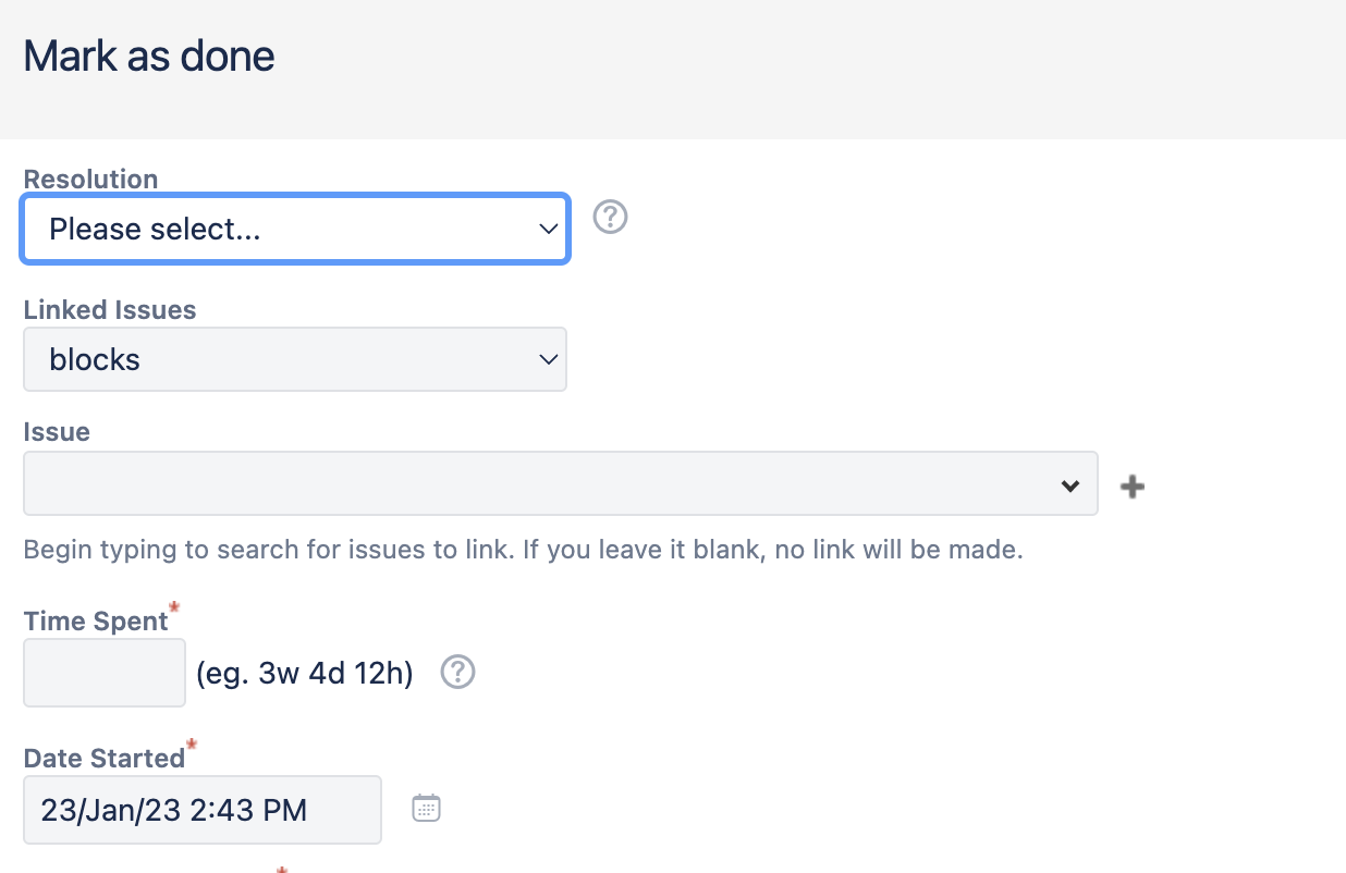Required Time Tracking Field at Resolution Screen
