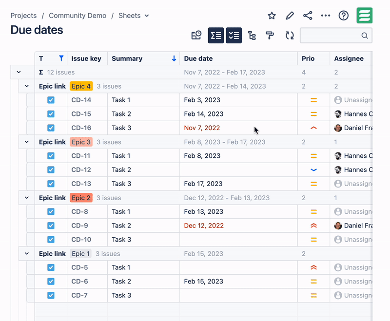 Displaying Epics, SubTasks and Duedate in a table