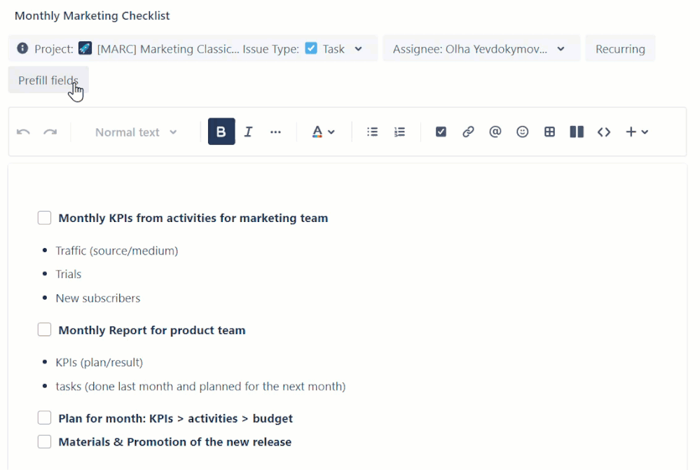 Automating recurring tasks in jira with prefill fi atlassian community