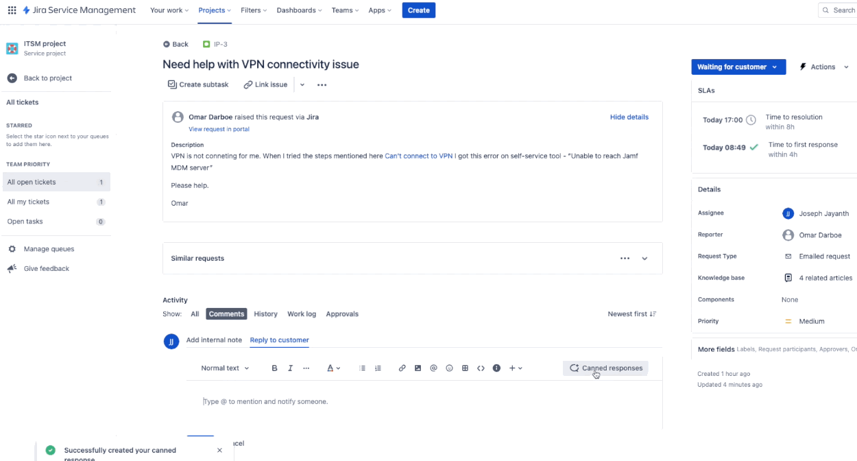 Canned response in Jira service management