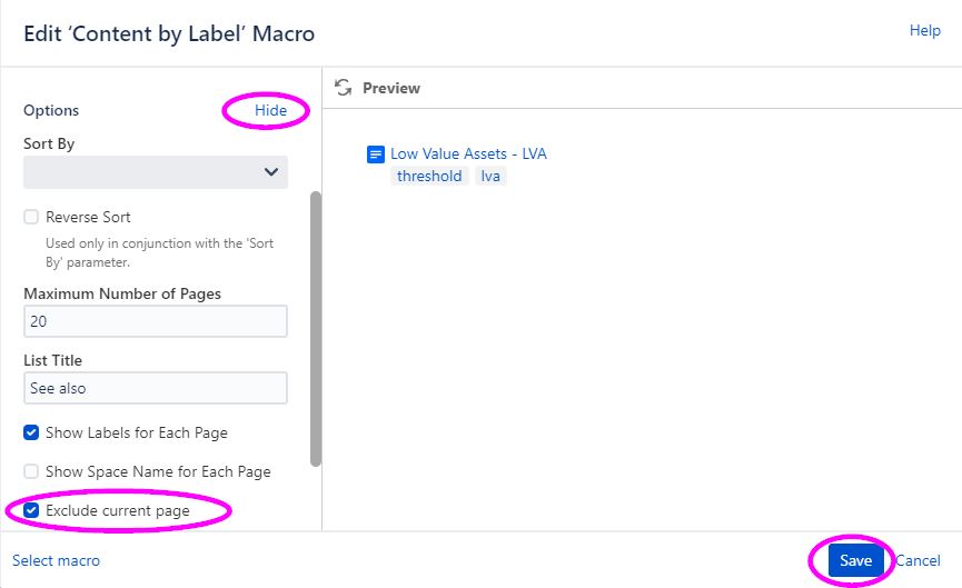 Exclude current page when using a content by label...