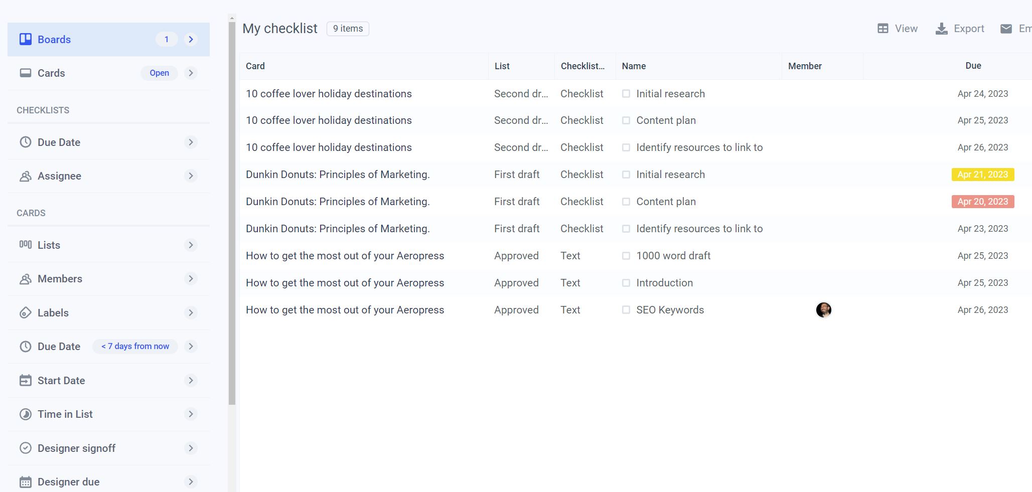 Checklist due date reminder