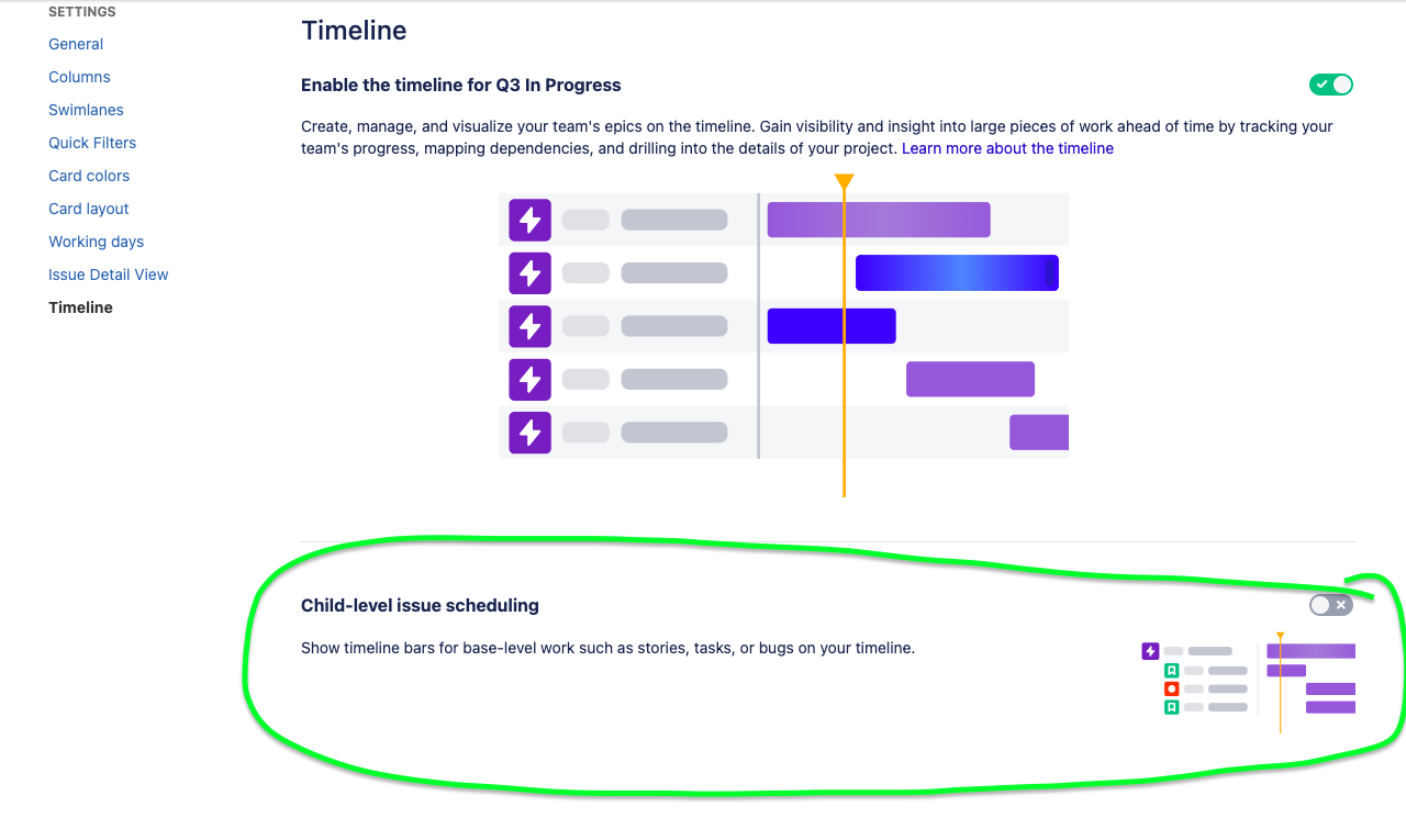 Timeline view: Epic -> task -> subtask hierarchy