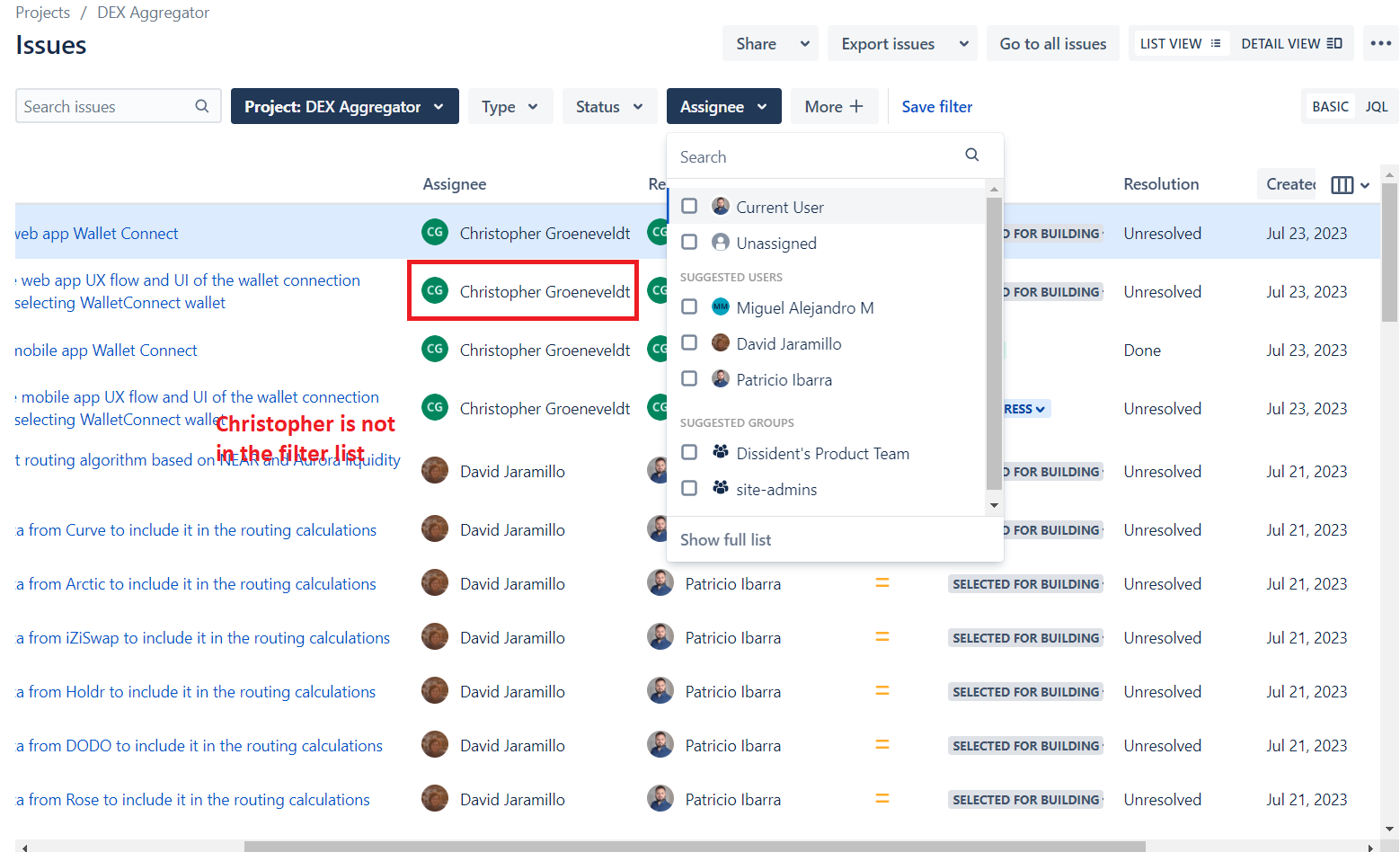 Why I can't search an assignee by using filter?