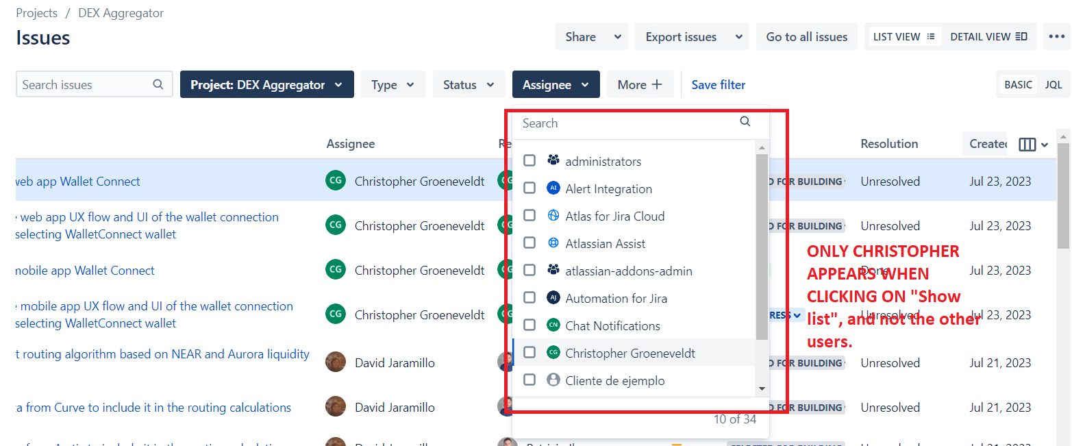 Why I can't search an assignee by using filter?