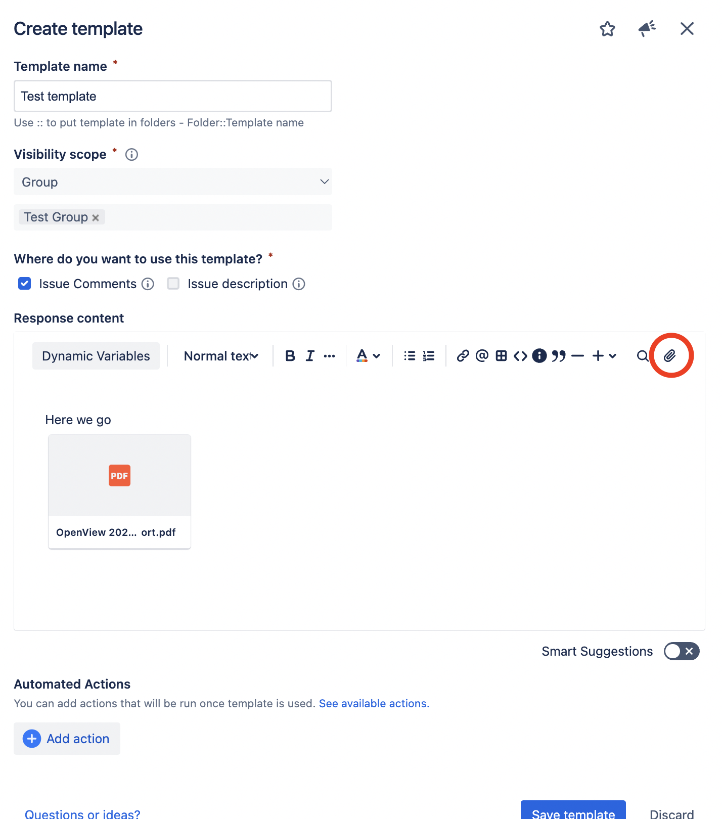 Canned response template file attachments