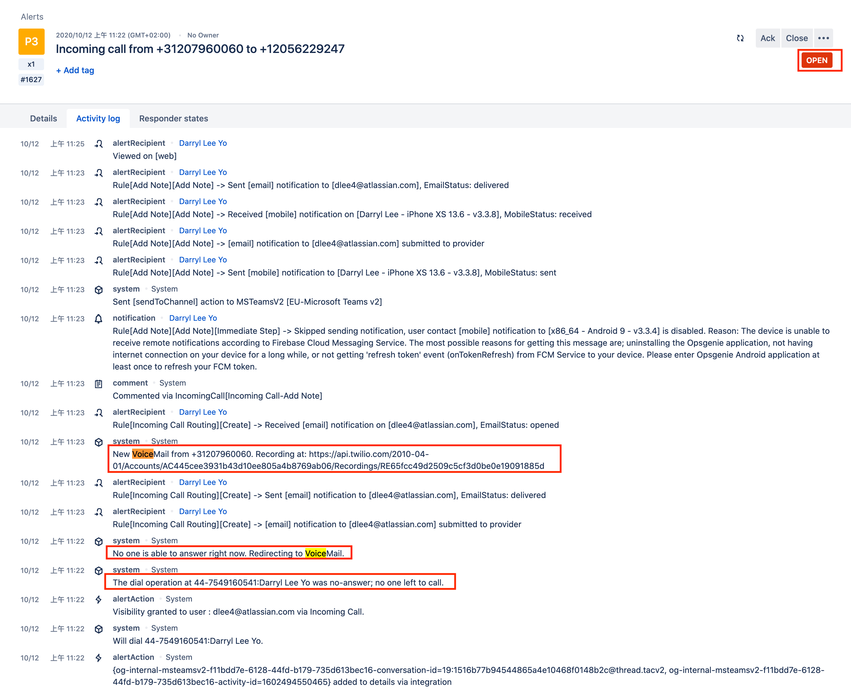 A summary of Incoming Call Routing Alert activity logs and reports