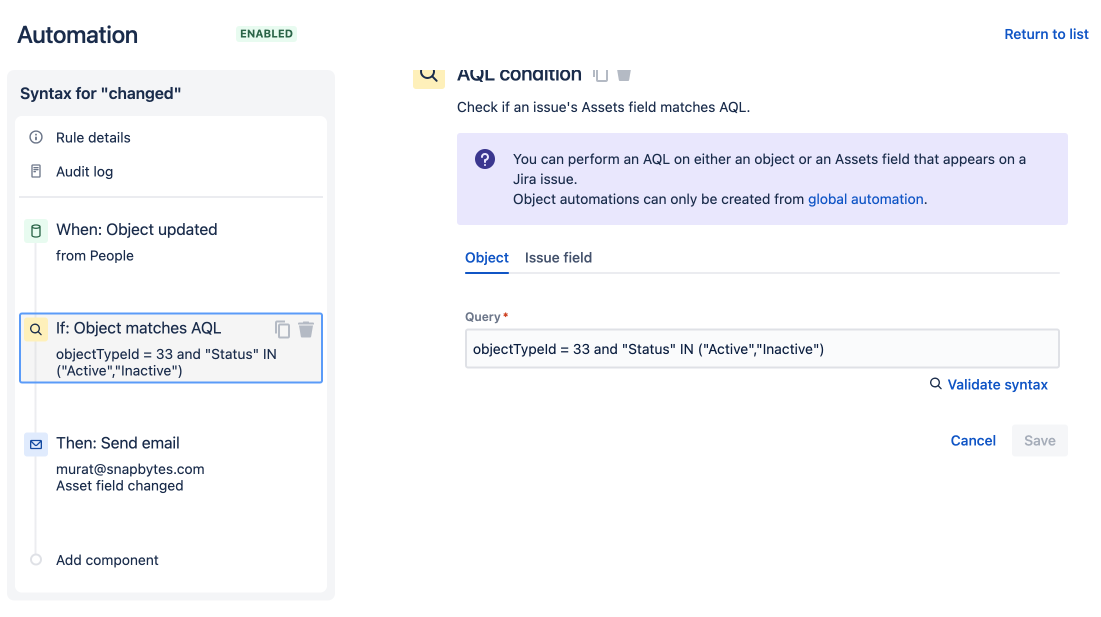 AQL Syntax for "changed"