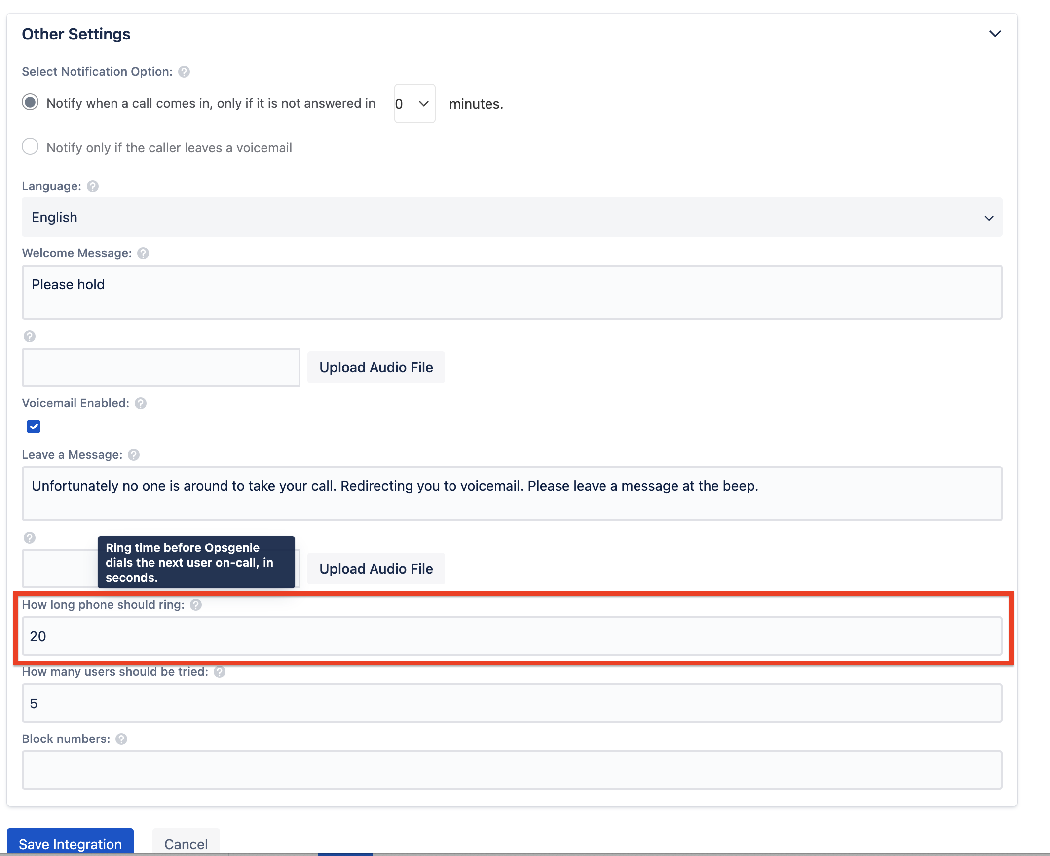 How to Increase the Ring Duration for Opsgenie Incoming Call Integration