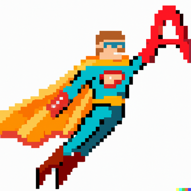 DALL·E 2024-01-11 22.50.38 - A pixel art image of a superhero flying through the sky with the letter A on his cape. There should be an orange in the background..png