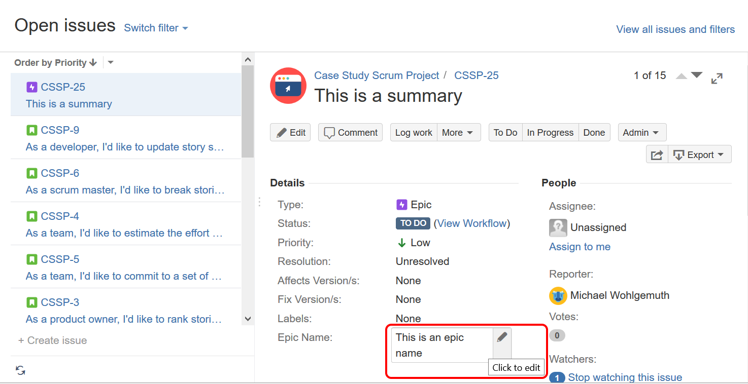 Jira 'new issue view' > epic name field?