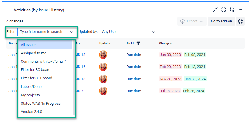 Activities gadget by Issue History for Jira.png