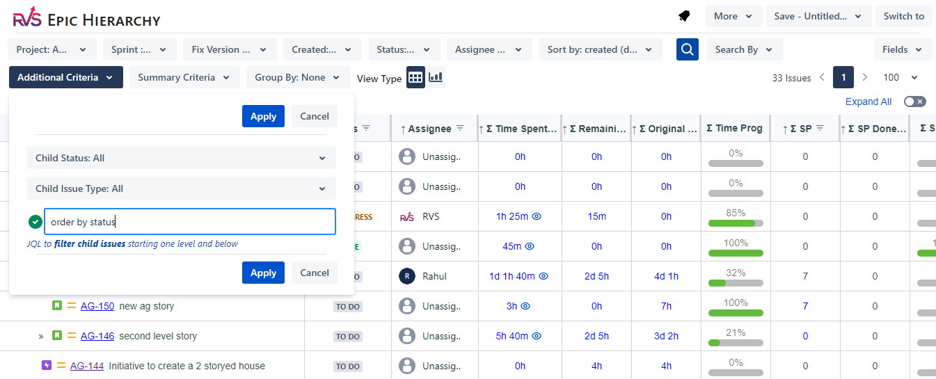 Tasks inside an epic ordered by priority