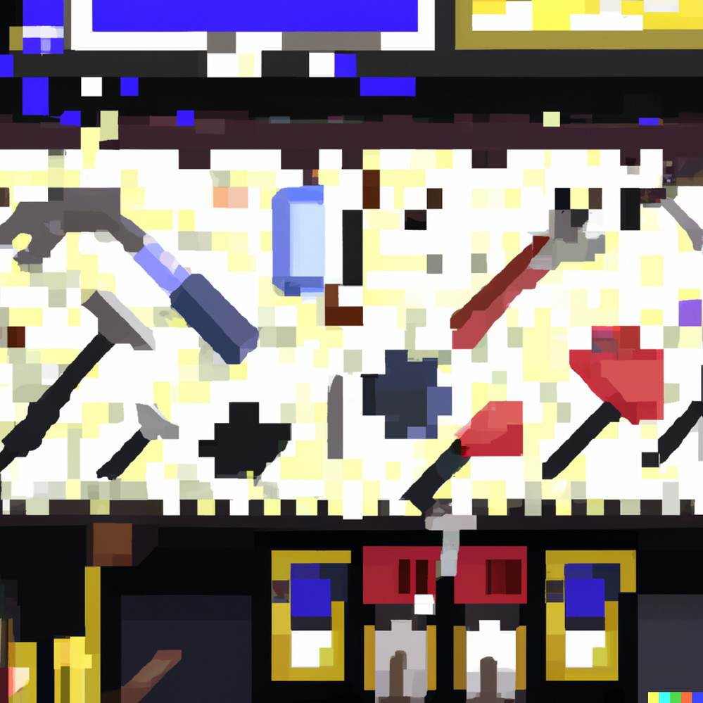 DALL·E 2024-06-04 15.21.09 - Create an high res pixelated graphic depicting tools flying all over the place inside a video arcade.png