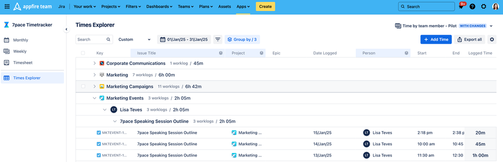 7pace Timetracker Jira Report Projects by Person and Worklogs.png