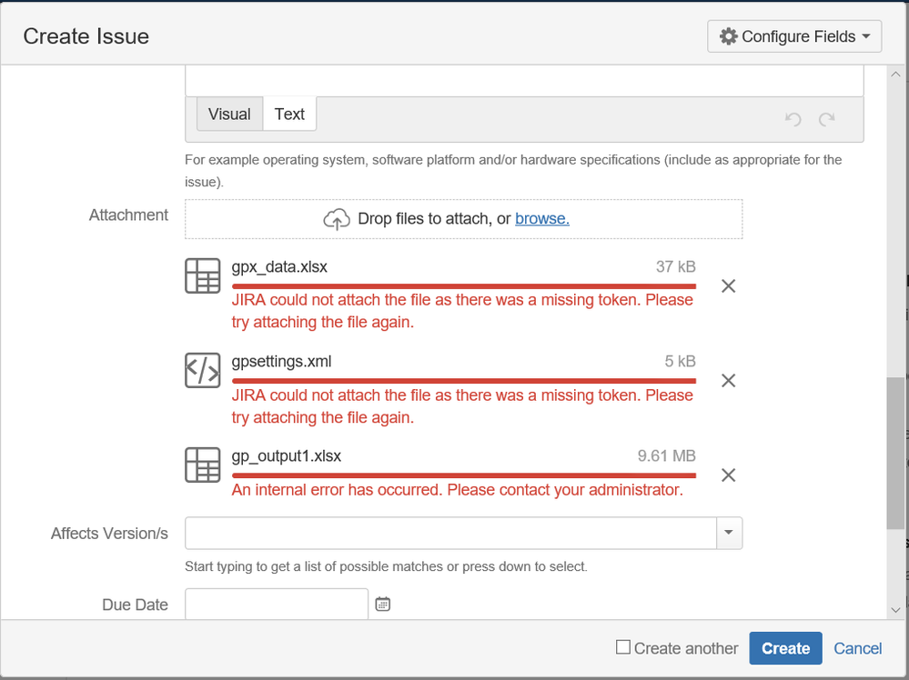 "JIRA could not attach the file as there was a mis...