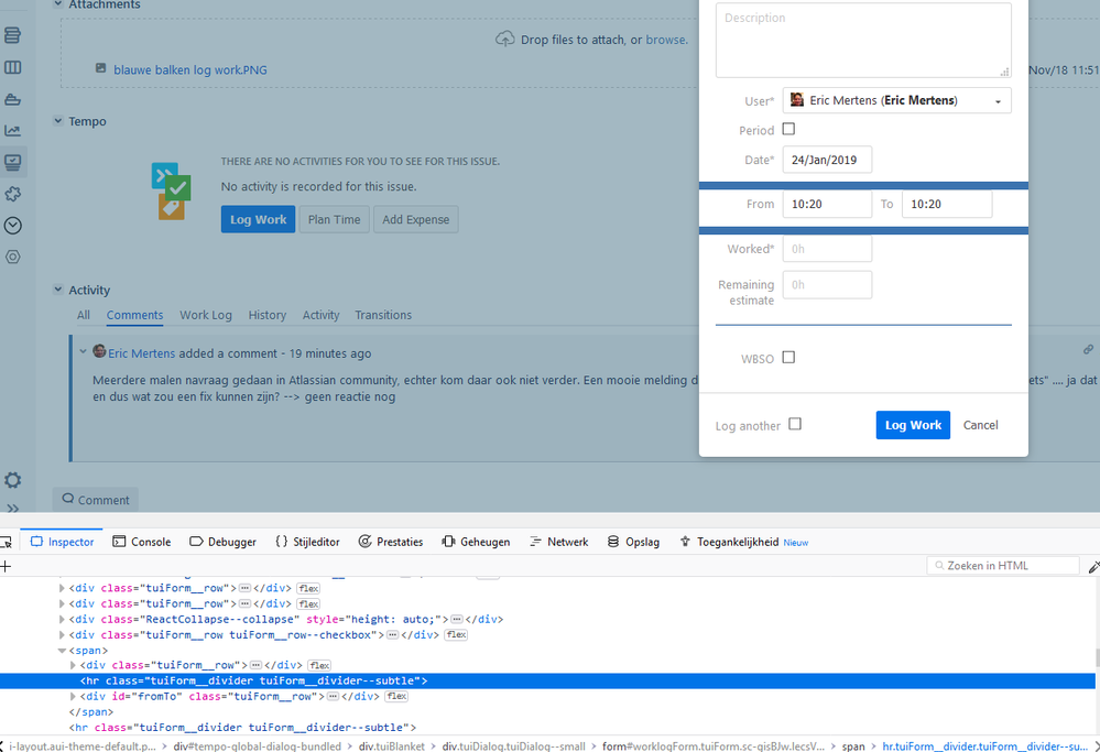 Jira> Log Work showing 2 blue horizontal lines (b...