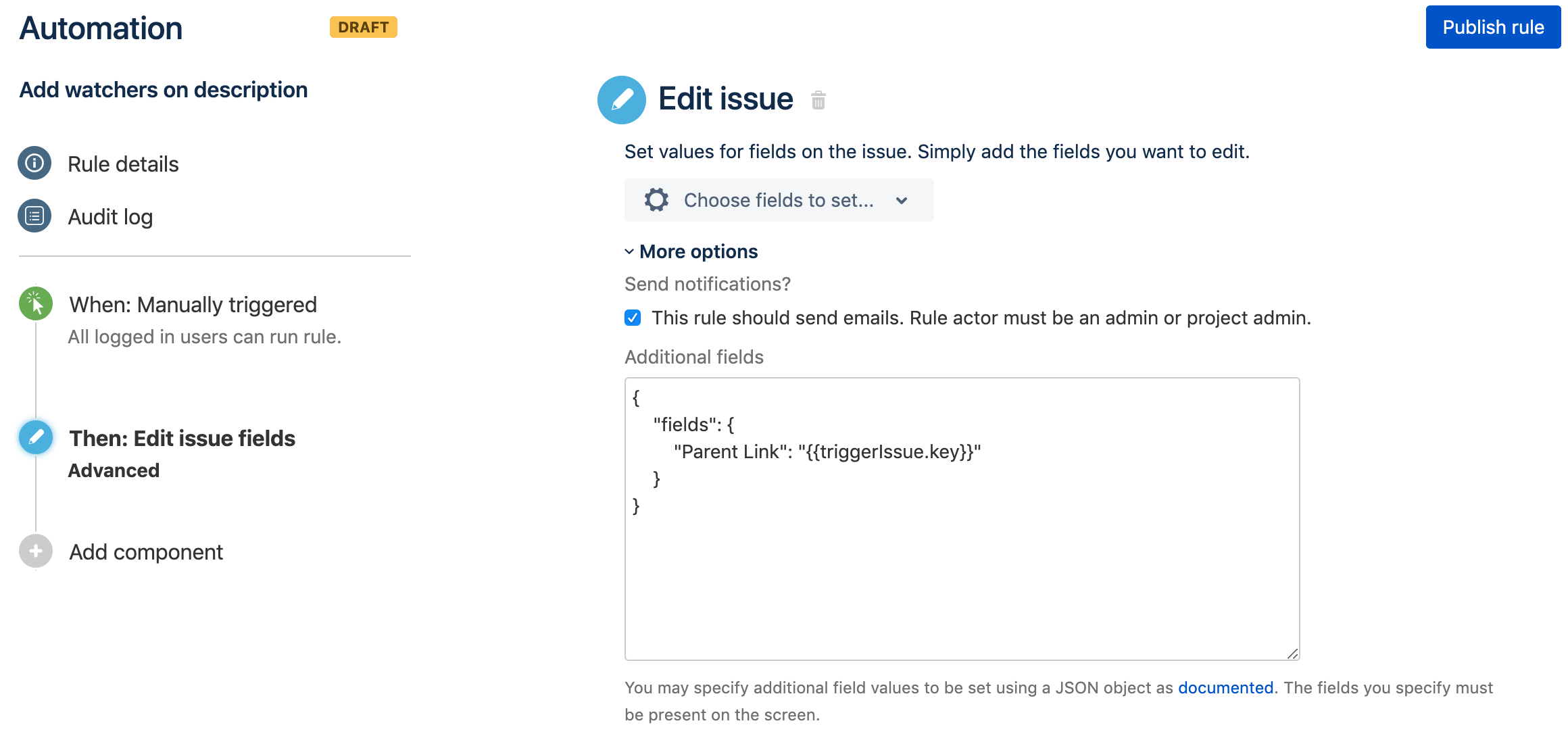 How do I update the "parent link" for an issue usi...