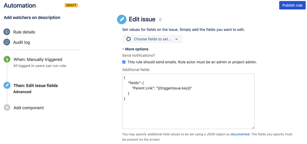 How do I update the &ldquo;parent link&rdquo; for an issue usi
