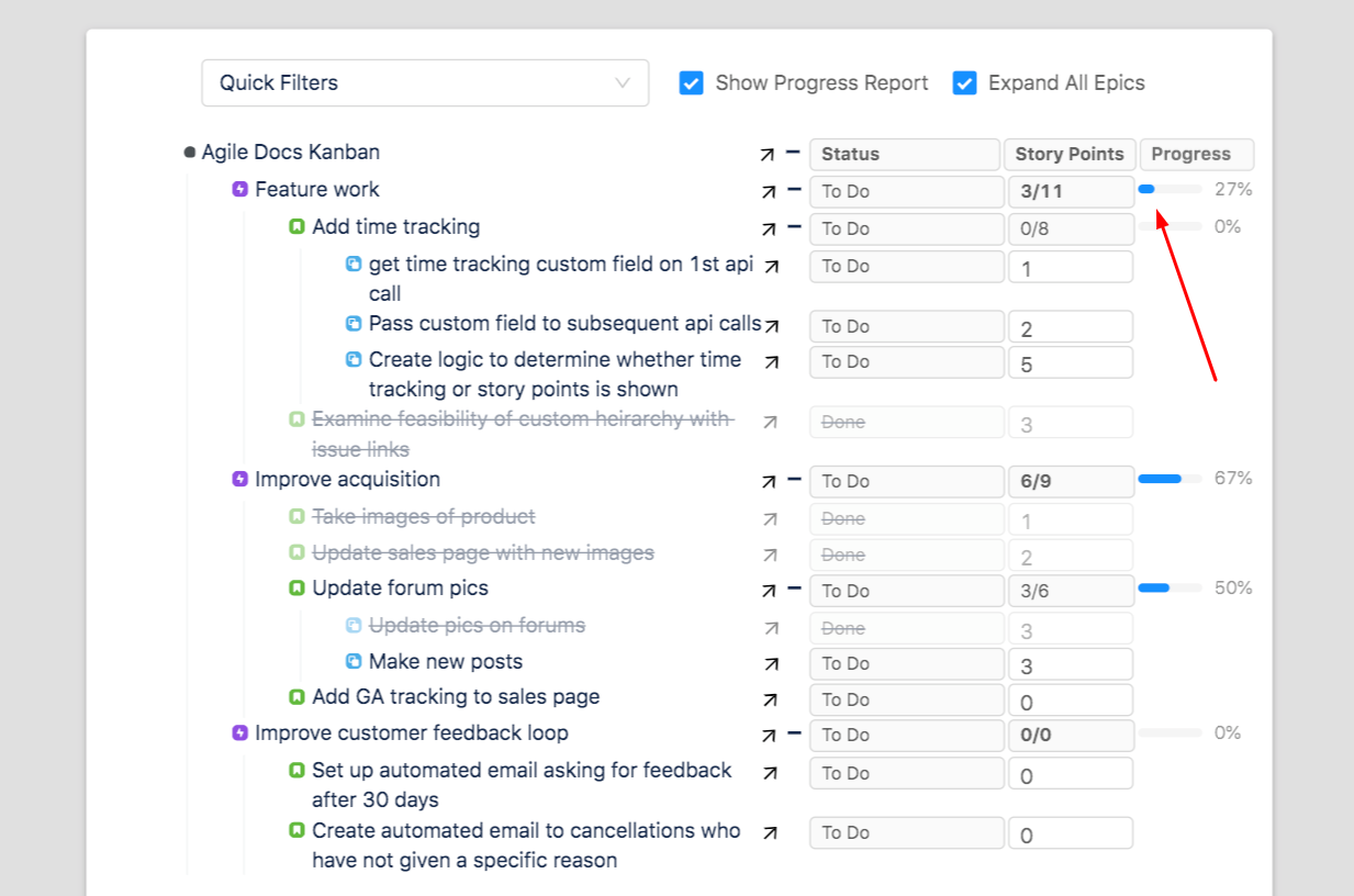 How can I get a percentage of complete on an Epic