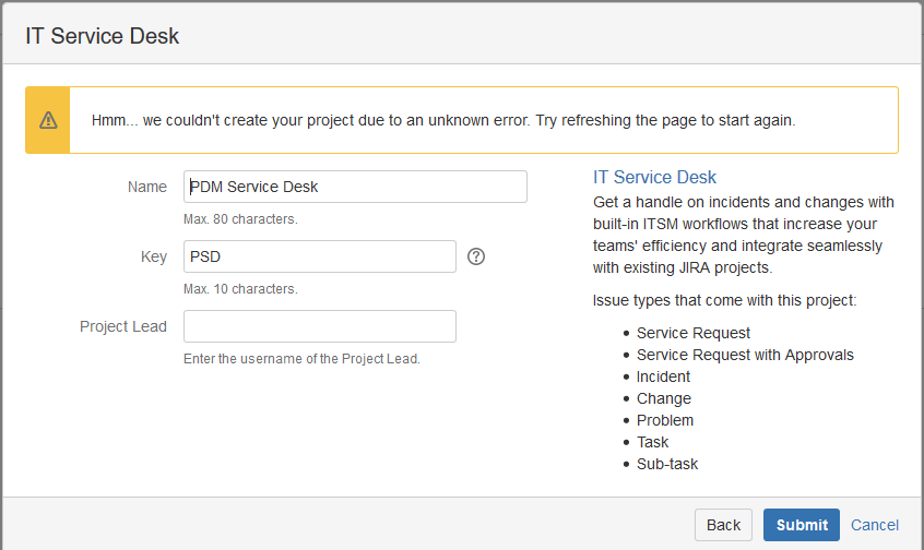 Can T Create A Service Desk Project