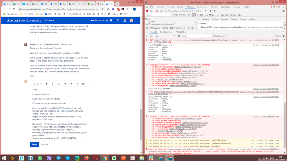 Sorting By Assignee Or By Reporter Returns Error