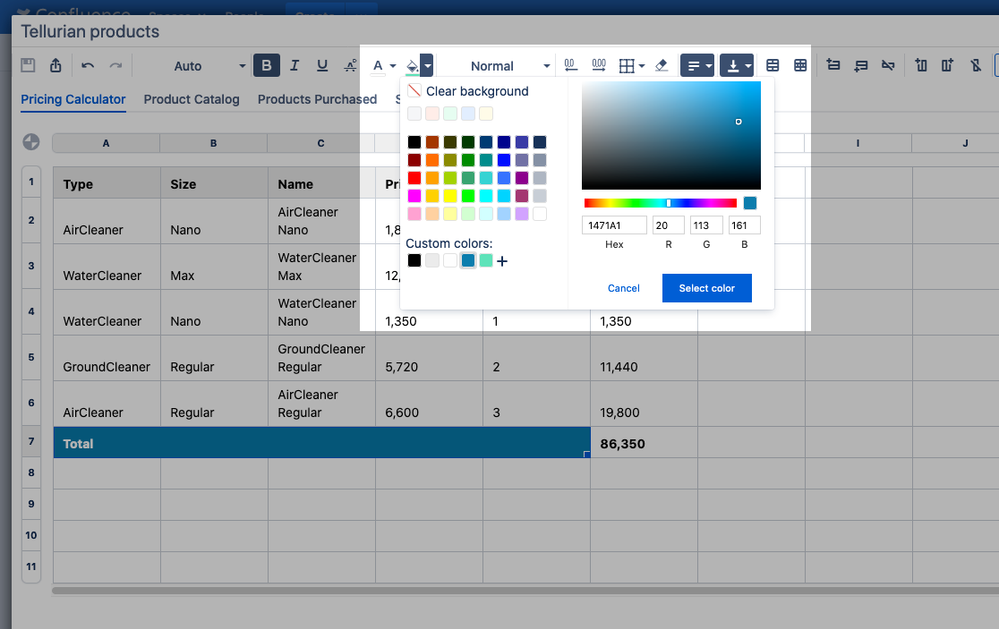 Elements Spreadsheet custom colors for tables in Confluence.png