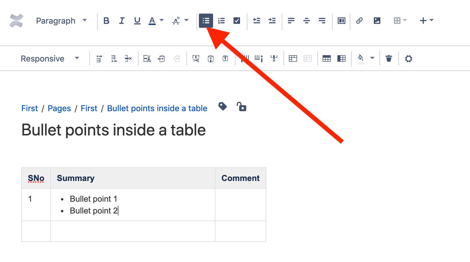 How can I add bullet points inside a table?