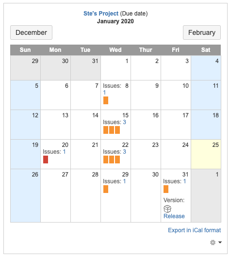 Confluence calendar showing Jira issues based on c