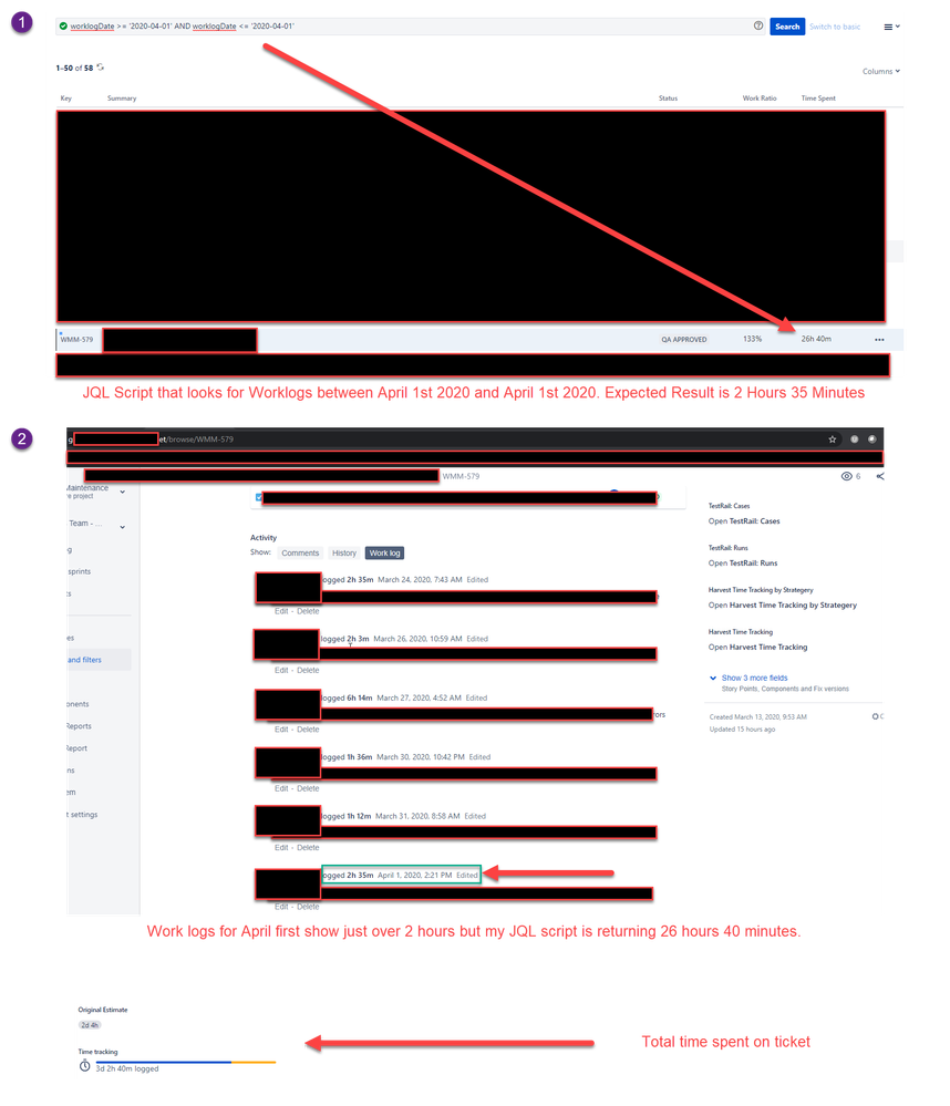 jql query time spent between two dates