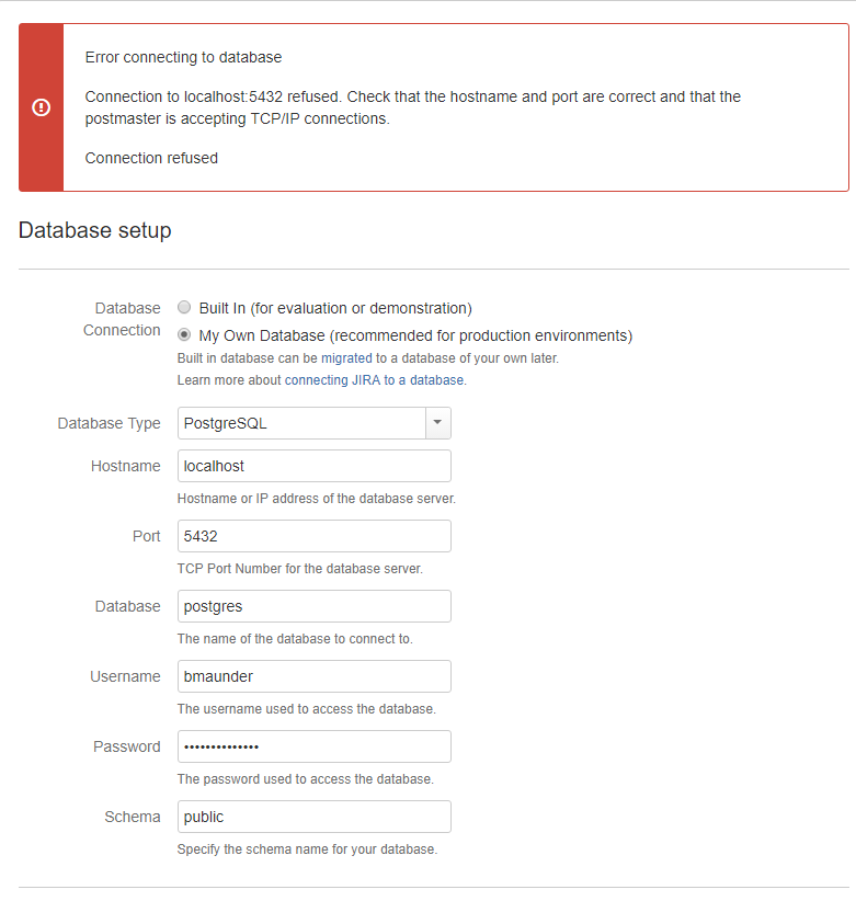 Unable to connect to PostgreSQL DB. Connection Refused