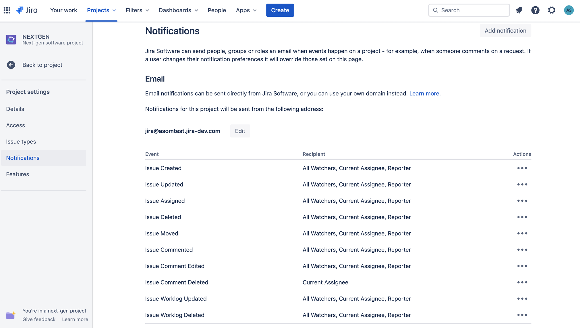 Project Level Email Notifications on Jira